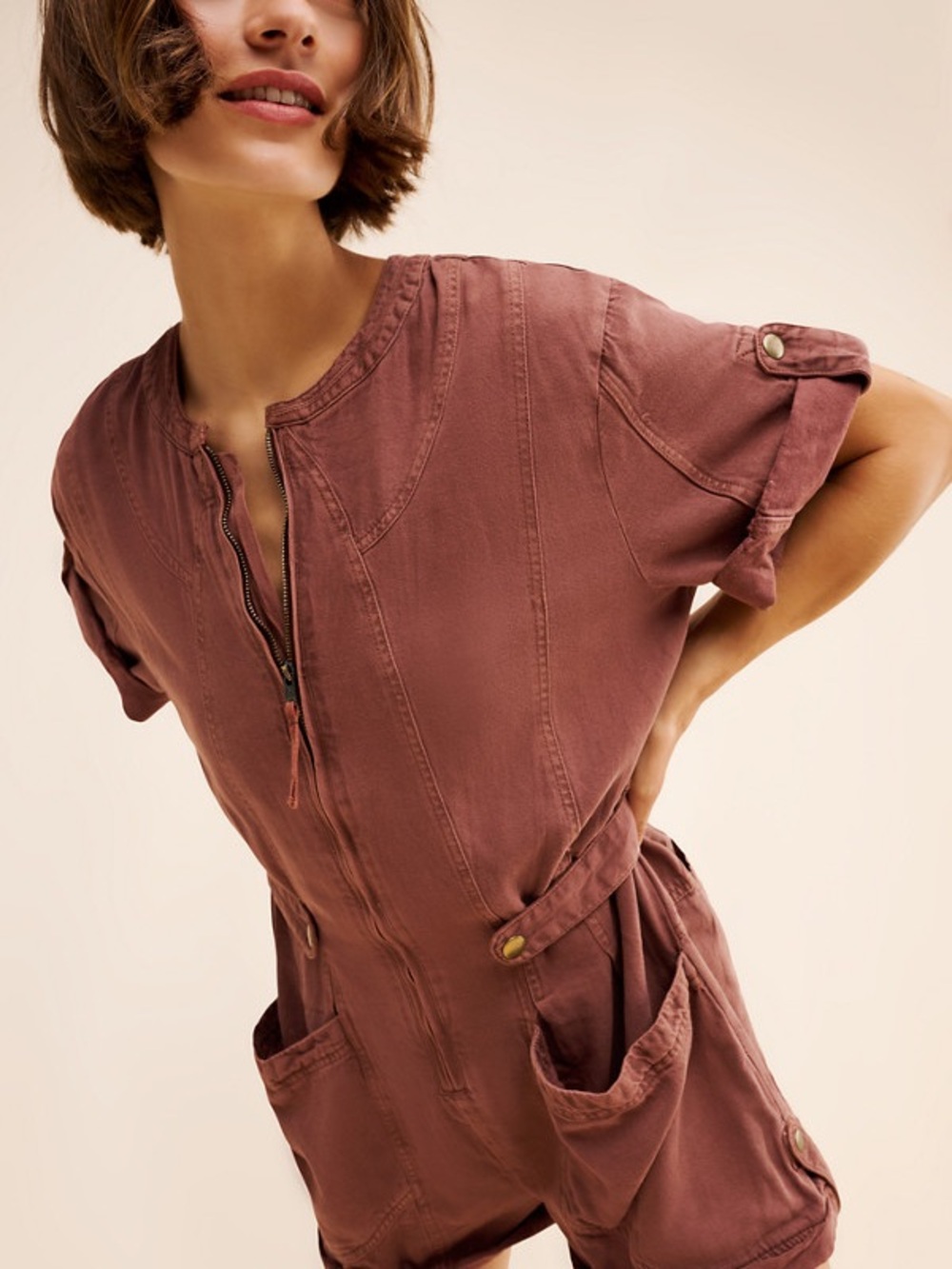 Free People Short-Sleeve Zip Romper in brown size small s let’s ride Shortalls - Picture 1 of 13